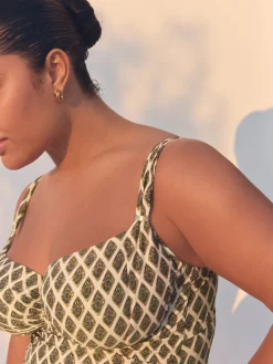 Next F-K Underwired Tummy Control Swimsuit Khaki Green/Cream Foil Woodblock Online