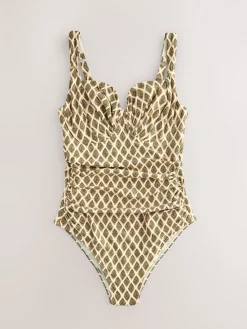 Next F-K Underwired Tummy Control Swimsuit Khaki Green/Cream Foil Woodblock Online