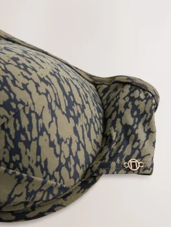 Next Khaki/Black Print Padded Wired Plunge Bikini Top New