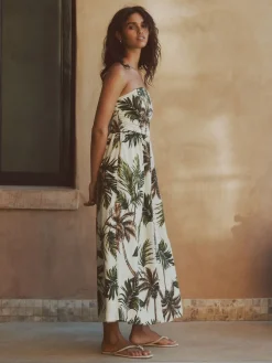 Next Ruched Bandeau Midi Dress with Linen Khaki/Cream Palm Printed Clearance