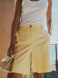 Next Linen Blend Knee Shorts Lemon Yellow Sale