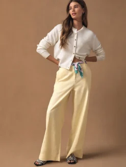 Next Smart Front Linen Blend Wide Leg Trousers Lemon Yellow New