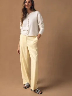 Next Smart Front Linen Blend Wide Leg Trousers Lemon Yellow New