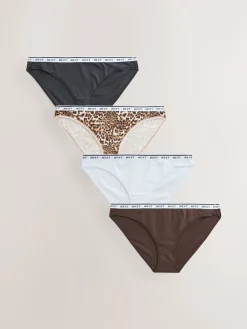 Next Leopard Print High Leg Cotton Logo Knickers 4 Pack Sale