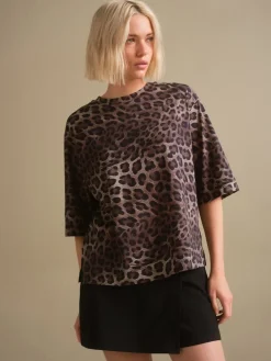Next Leopard Print Relaxed Boxy Elbow Length Crew Neck T-Shirt Outlet