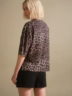 Next Leopard Print Relaxed Boxy Elbow Length Crew Neck T-Shirt Outlet
