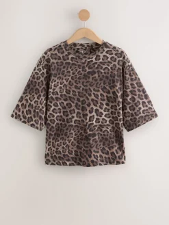 Next Leopard Print Relaxed Boxy Elbow Length Crew Neck T-Shirt Outlet