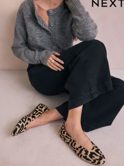 Next Leopard Print Standard/Wide Fit Leather Round Toe Ballerinas Outlet