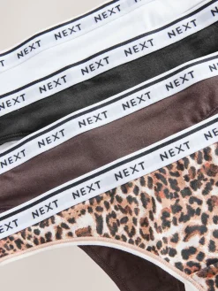 Next Thong Cotton Logo Knickers 4 Pack Leopard Print