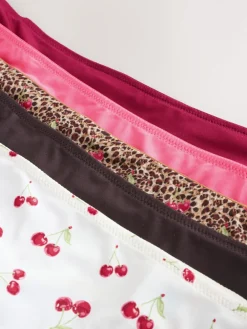 Next Thong Microfibre Knickers 5 Pack Leopard/Cherry Print New