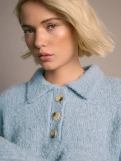 Next Boucle Long Sleeve Polo Jumper Light Blue Best