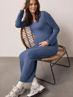 Next Tie Back Ribbed V-Neck Dress Light Blue Outlet