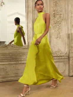 Next Lime Green Textured Satin Halter Sleeveless Midi Dress Best