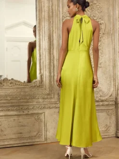 Next Lime Green Textured Satin Halter Sleeveless Midi Dress Best
