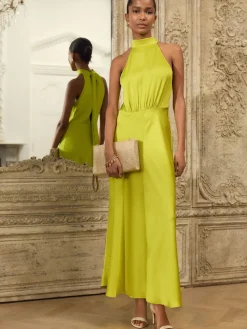 Next Lime Green Textured Satin Halter Sleeveless Midi Dress Best