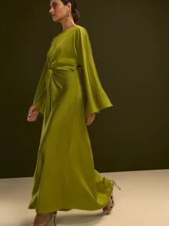 Next Twist Front Long Sleeve Satin Maxi Dress Lime Green New