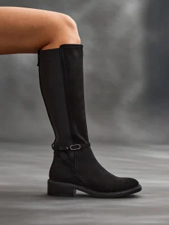 Linzi Power High Leg Boots With Stretch Side Panel and Buckle Detail Black Dark New