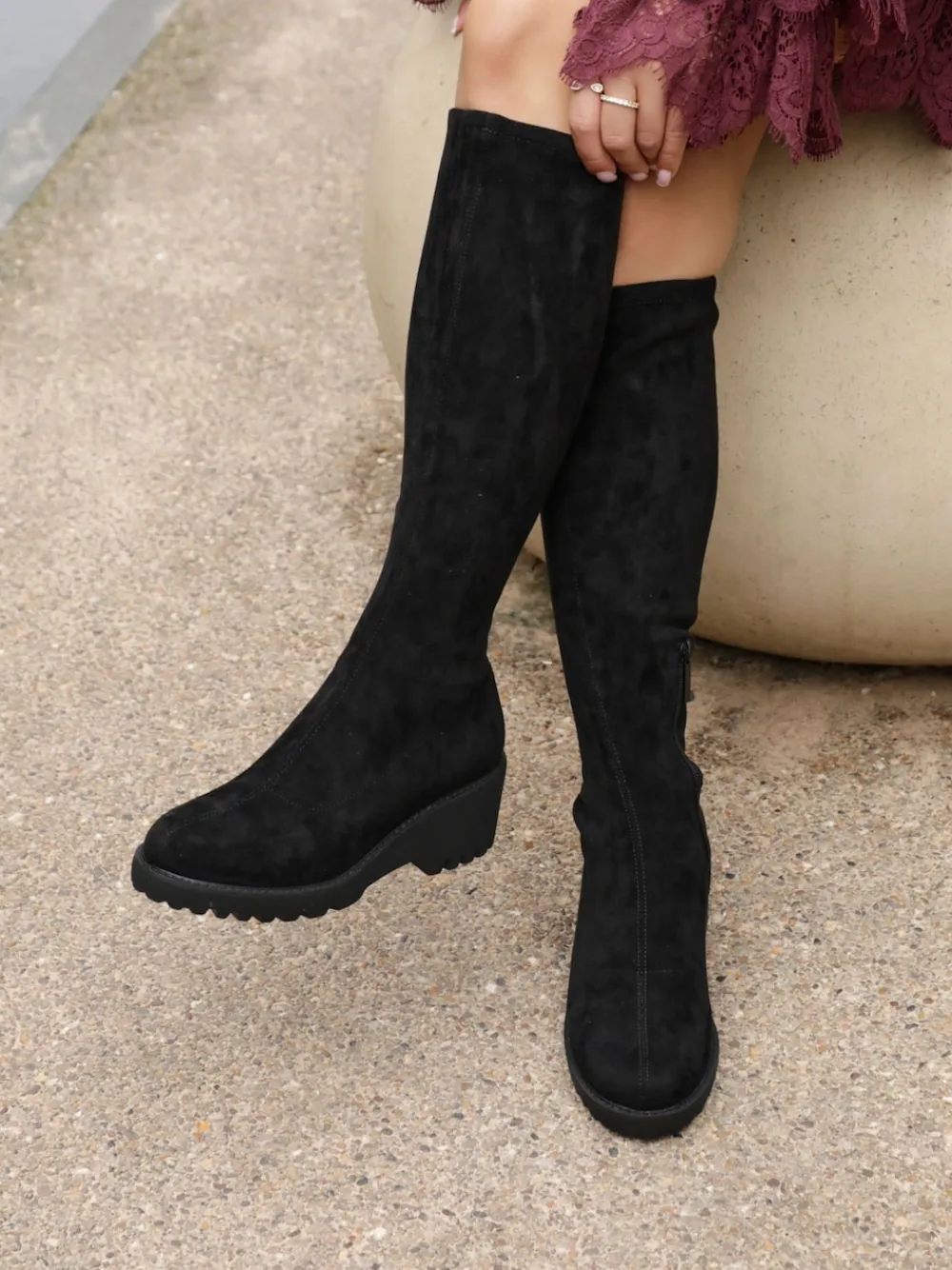 Linzi Kortina Brown Suede High Leg Boots With Wedged Heel Black Clearance