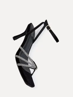 Linzi Black Polly Stiletto Heeled Sandals With Diamante Knot Detail New
