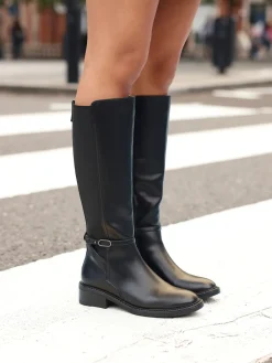 Linzi Power High Leg Boots With Stretch Side Panel and Buckle Detail Black Discount