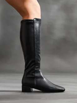 Linzi Revolve Stretch High Leg Boot With Low Block Heel Black PU Outlet