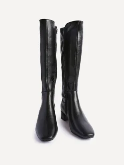 Linzi Revolve Stretch High Leg Boot With Low Block Heel Black PU Outlet