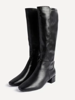 Linzi Revolve Stretch High Leg Boot With Low Block Heel Black PU Outlet