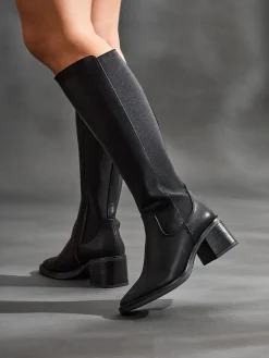 Linzi Reason Block Heel High Leg Boots With Back Stretch Panel Black Discount