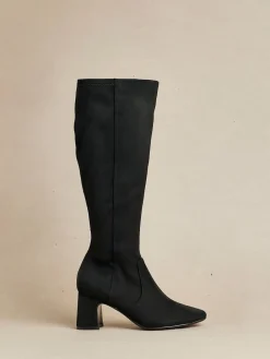 Linzi Slate Stretch Knee High Block Heel Boots Black Discount