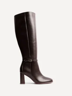 Linzi Midtown Block Heel High Leg Boots With Buckle Detail Brown Clearance