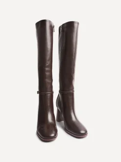 Linzi Midtown Block Heel High Leg Boots With Buckle Detail Brown Clearance