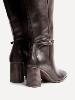 Linzi Midtown Block Heel High Leg Boots With Buckle Detail Brown Clearance