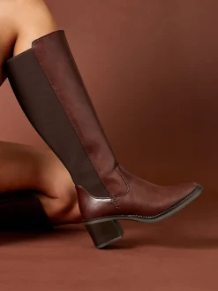 Linzi Reason Block Heel High Leg Boots With Back Stretch Panel Brown Best