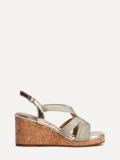 Linzi Destined Cork Wedges With Crossover Textured Straps Gold Hot