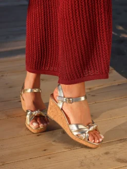 Linzi Elyah Knotted Front Strap With Cork Wedges Gold Discount