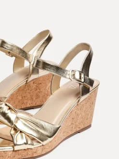 Linzi Elyah Knotted Front Strap With Cork Wedges Gold Discount