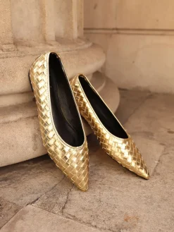 Linzi Talina Woven Pointed Toe Ballet Flats Gold New