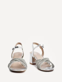 Linzi Gracie Diamante Front Strap Low Block Sandals Silver New