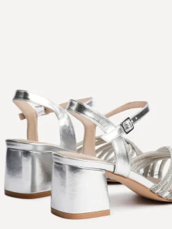 Linzi Gracie Diamante Front Strap Low Block Sandals Silver New