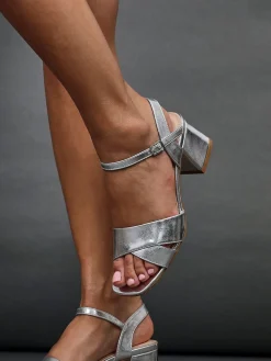 Linzi Vivian Wide Fit Heeled Sandals With Crossover Front Strap Silver Clearance