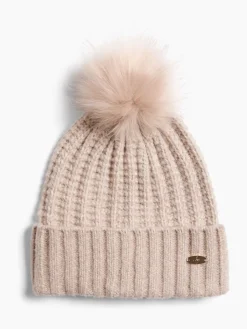Lipsy Beige Shimmer Ribbed Pom Hat