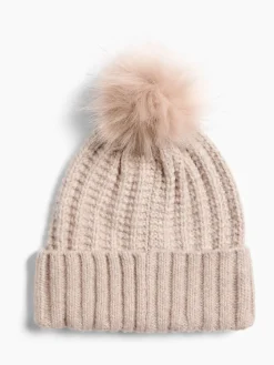 Lipsy Beige Shimmer Ribbed Pom Hat