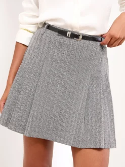 Lipsy Belted Grey Check Pleated Mini Skirt Discount