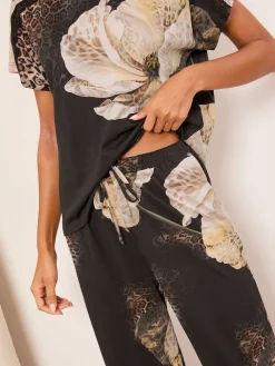 Lipsy Black Animal Floral Print Short Sleeve Top And Trousers Jersey Pyjamas Set Sale
