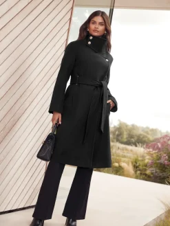 Lipsy Asymmetrical Funnel Neck Belted Coat Black Clearance