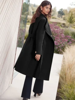 Lipsy Asymmetrical Funnel Neck Belted Coat Black Clearance
