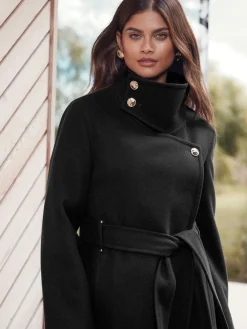 Lipsy Asymmetrical Funnel Neck Belted Coat Black Clearance