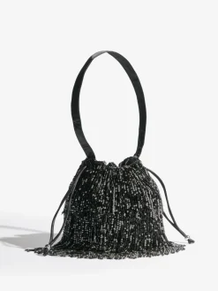 Lipsy Black Beaded Fringe Satin Shoulder Bag