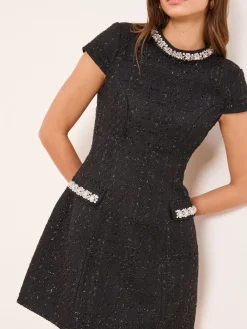 Lipsy Black Boucle Pearl Trim High Neck Mini Dress Outlet