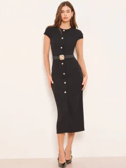 Lipsy Black Cap Sleeve Button Through Belted Bodycon Midi Dress Best